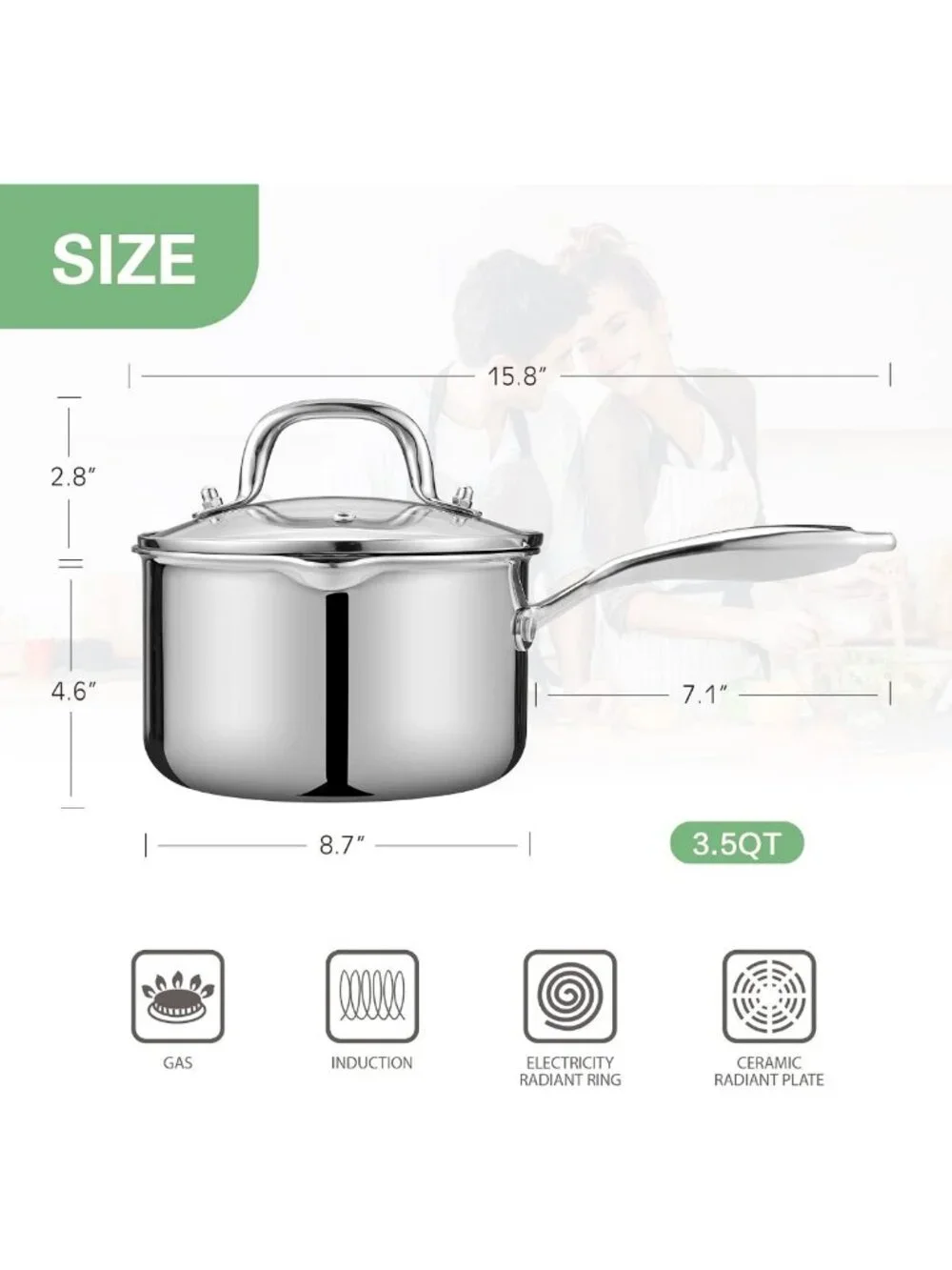3.5 Quart Stainless Steel Saucepan with Glass Lid & Strainer, Induction Pot